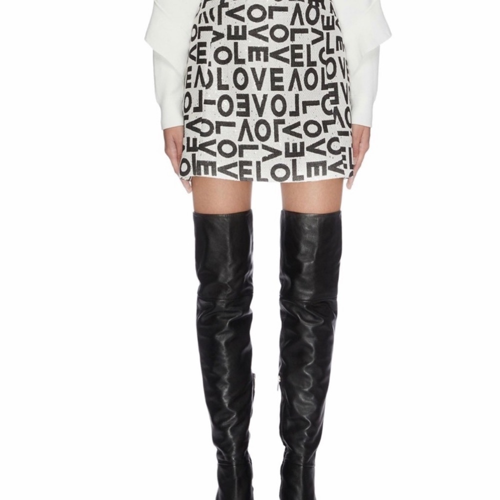 Alice + Olivia Black and White Logo-Print Mini Skirt